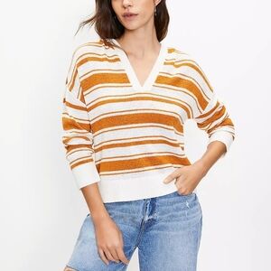 LOFT, New, Tan White Striped Hooded Lightweight Essential Sweater, Size Large